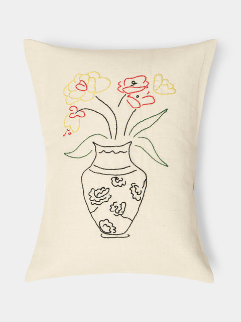 Oeuvres Sensibles - Vase Hand-Embroidered Cotton and Hemp Linen Cushion (15.5in/40cm) - Cream - ABASK - 
