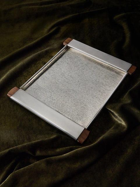 San Lorenzo - 1988 Afra and Tobia Scarpa Engraved Sterling Silver and Wood Tray (12in/31cm) - Silver - ABASK