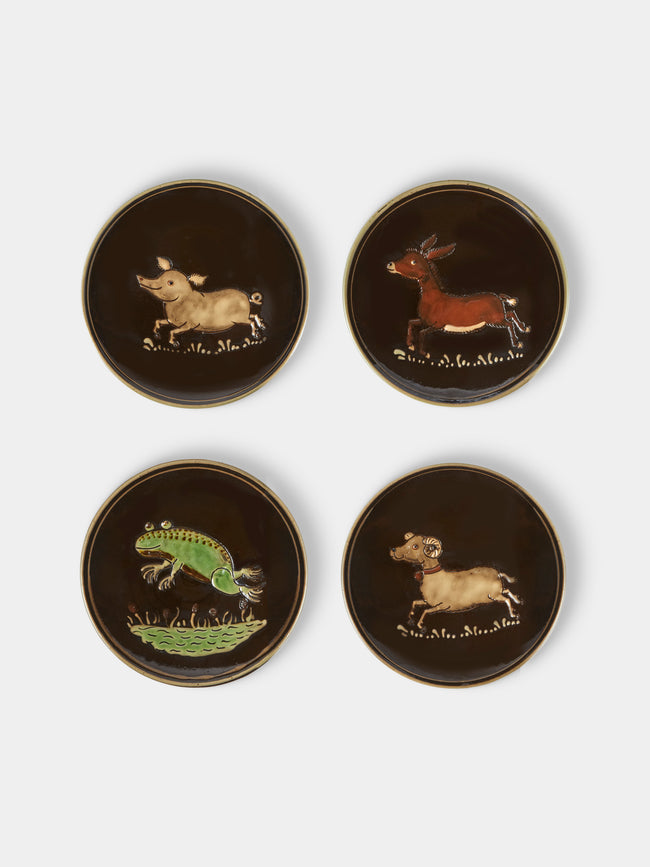 Poterie d’Évires - Animals Hand-Painted Ceramic Plates – 5.5in/14cm (Set of 4) - Dark Brown - ABASK - 