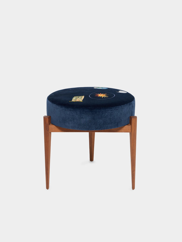 Uncommon Ancestor - Solstice Embroidered Velvet Round Footstool - Navy - ABASK - 