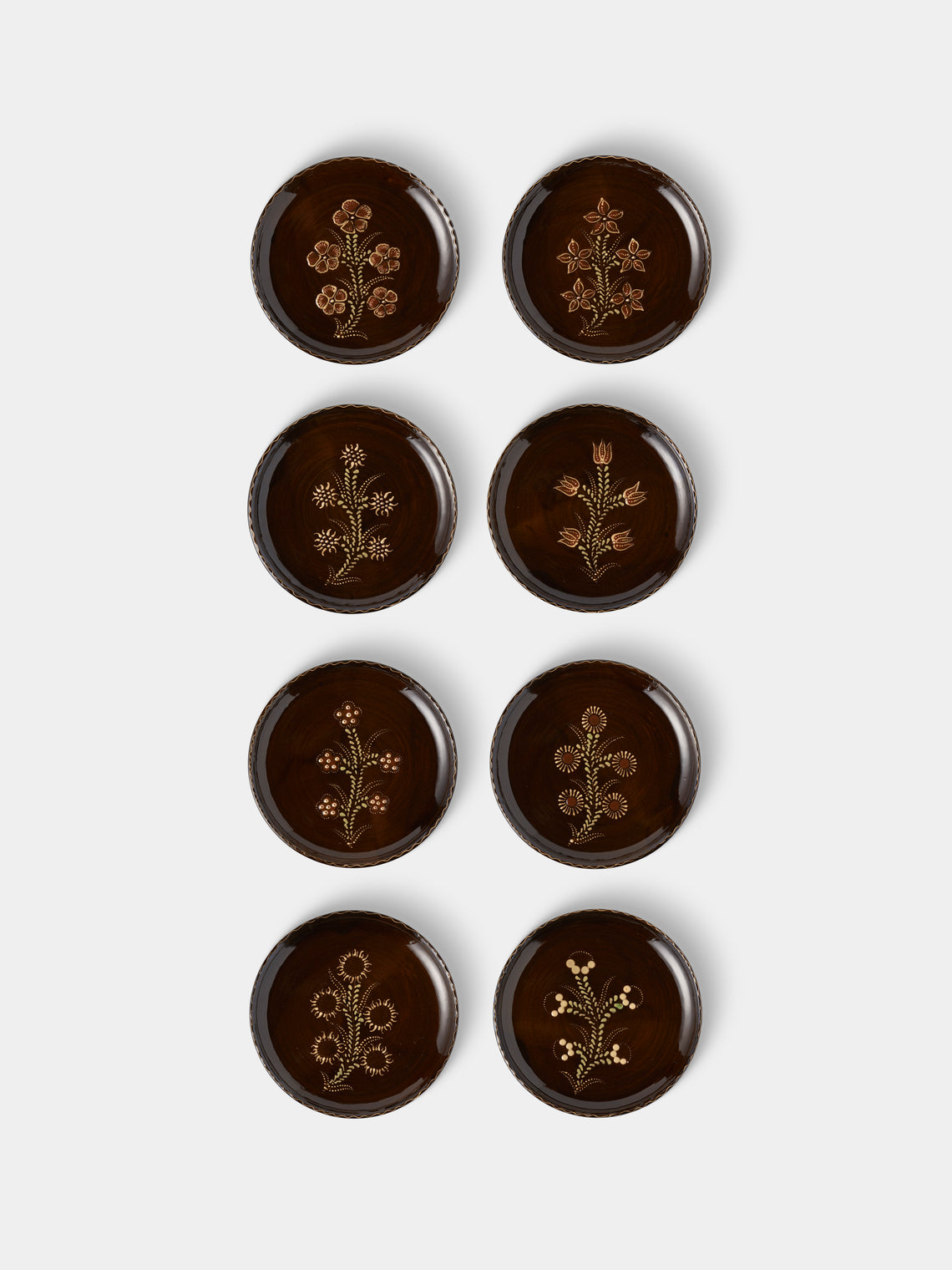 Poterie d’Évires - Flowers Hand-Painted Ceramic Plates – 9.5in/24cm (Set of 8) - Dark brown - ABASK - 