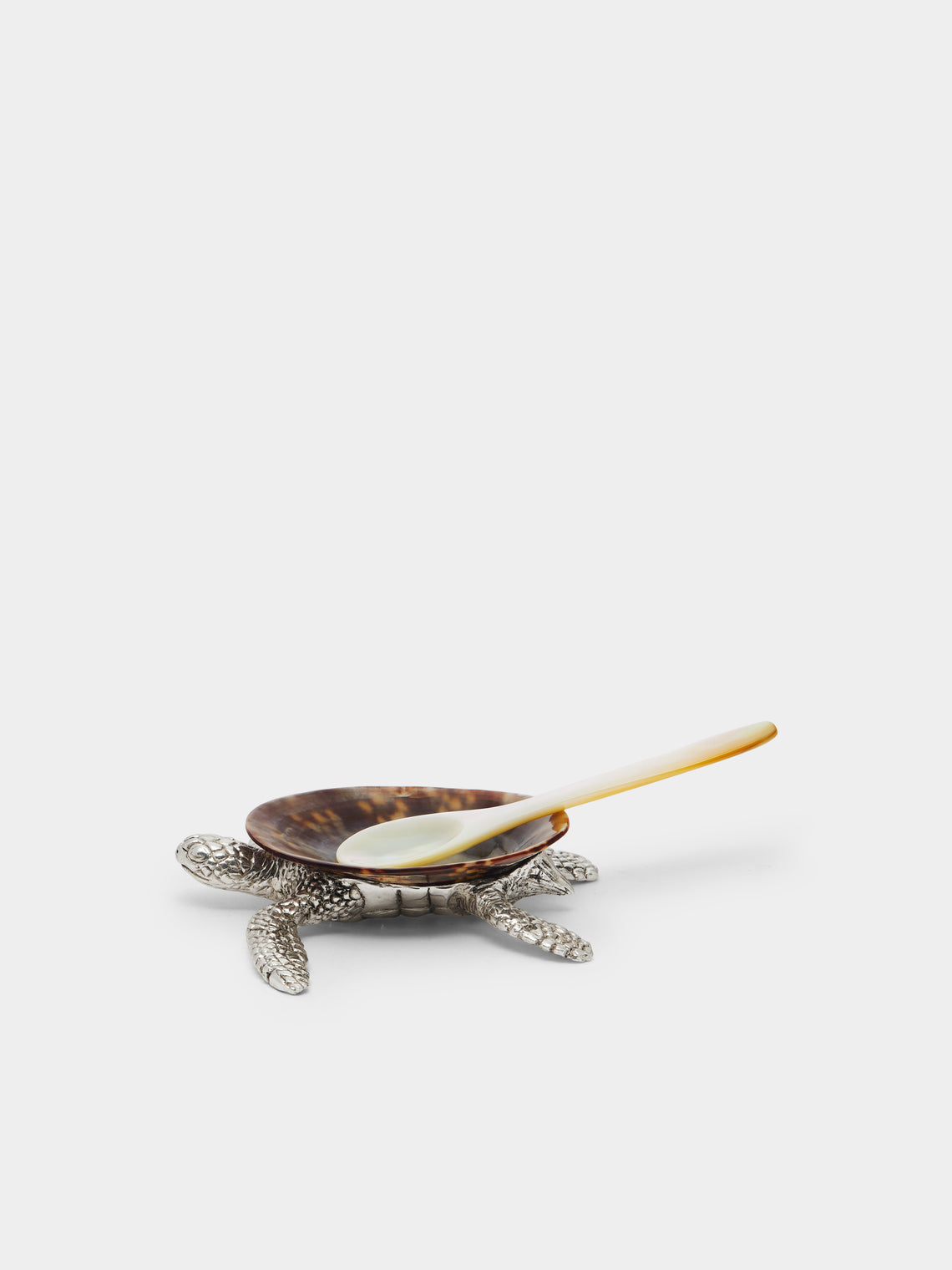 Silver-Plated and Shell Salt Dish with Mother-of-Pearl Spoon