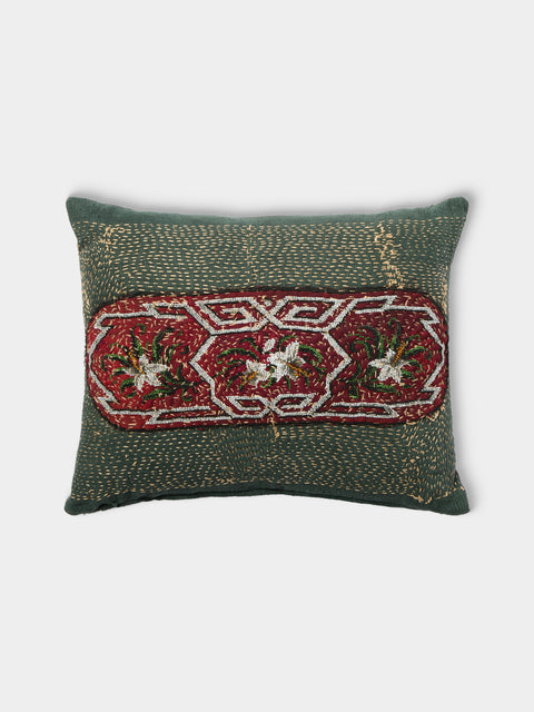 By Walid - 19th-Century Victorian Beaded Needlepoint Wool and Linen Cushion (21.5in/45cm) - Green - ABASK - 