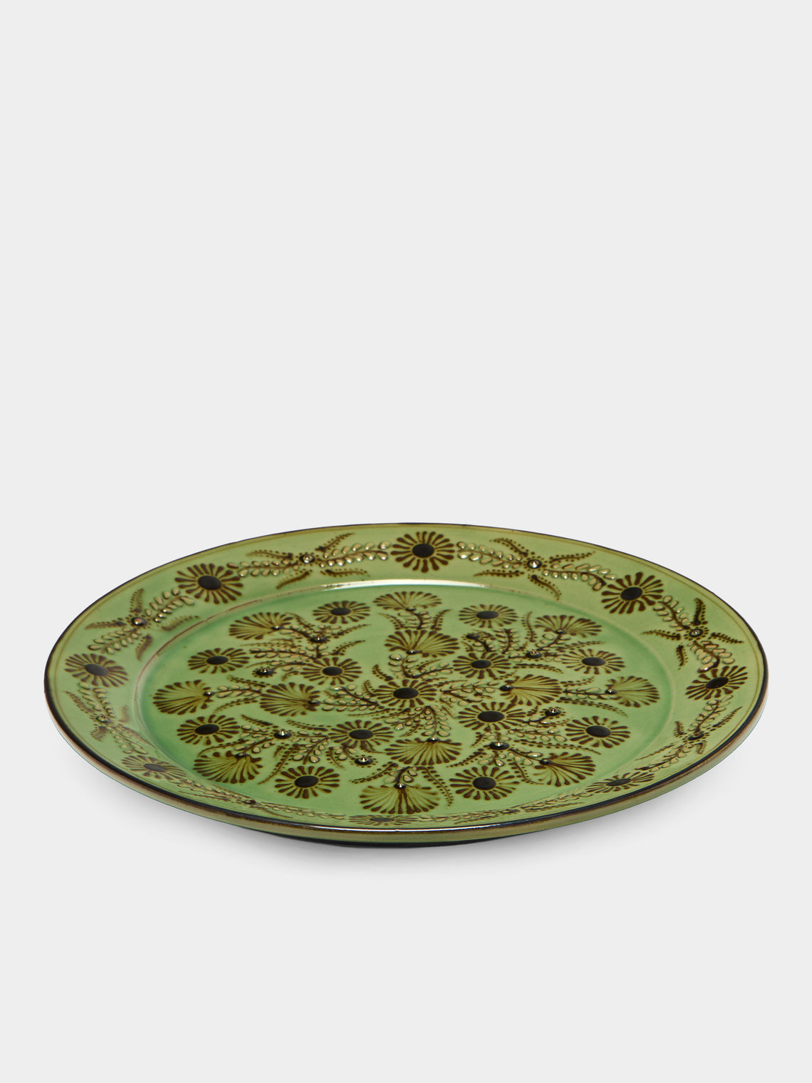 Poterie d’Évires - Flowers Hand-Painted Ceramic Round Platter - Green - ABASK