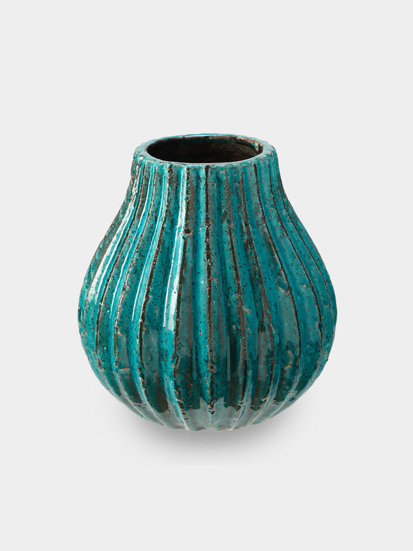 Antique and Vintage - Mid-Century French Ceramic Vase (9.5in/24.5cm) - Blue - ABASK - 