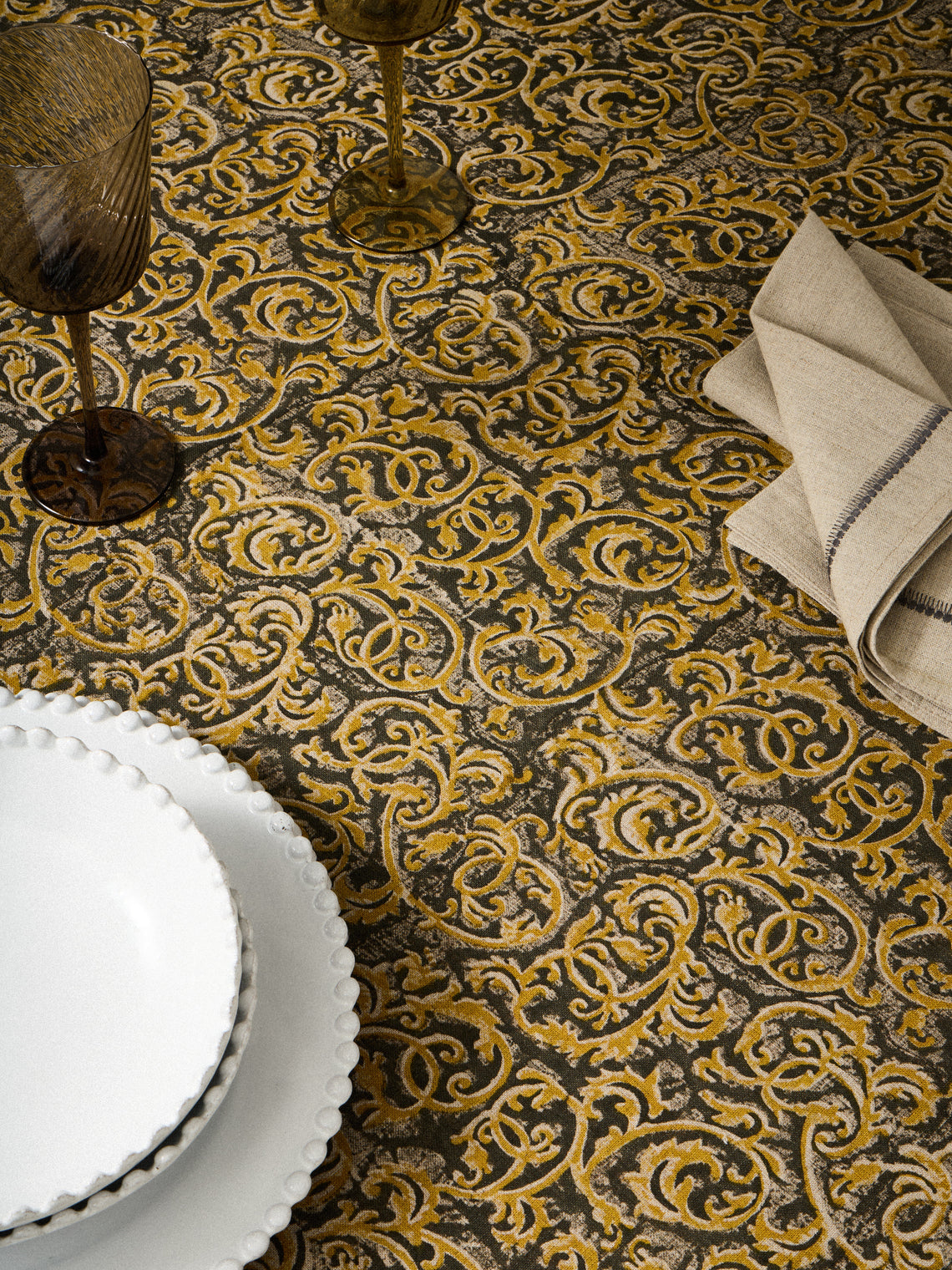 Chamois - Ornamental Block-Printed Linen Rectangular Tablecloth (106.5in/2.7m) - Multiple - ABASK