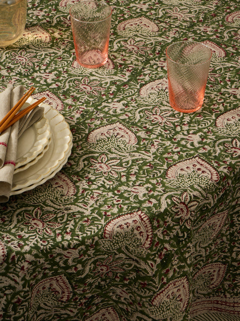 Chamois - Oriental Block-Printed Linen Round Tablecloth (86.5in/2.2m) - Multiple - ABASK