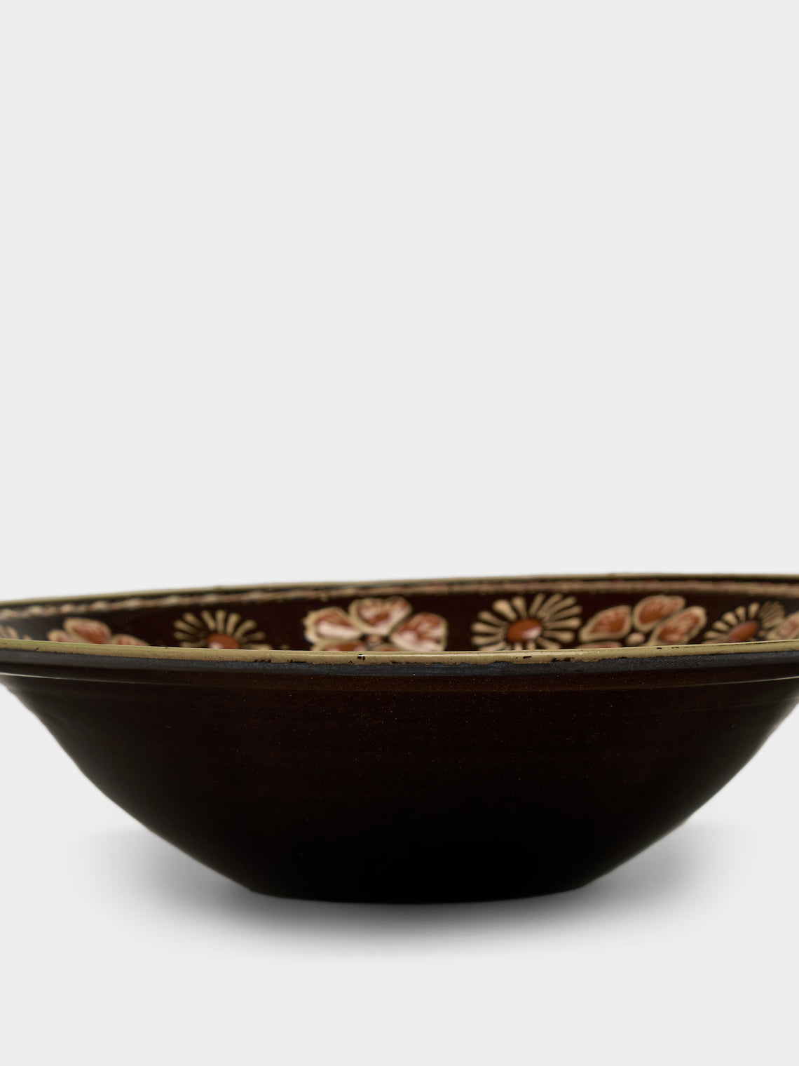 Poterie d’Évires - Flowers Hand-Painted Ceramic Serving Bowl - Dark brown - ABASK