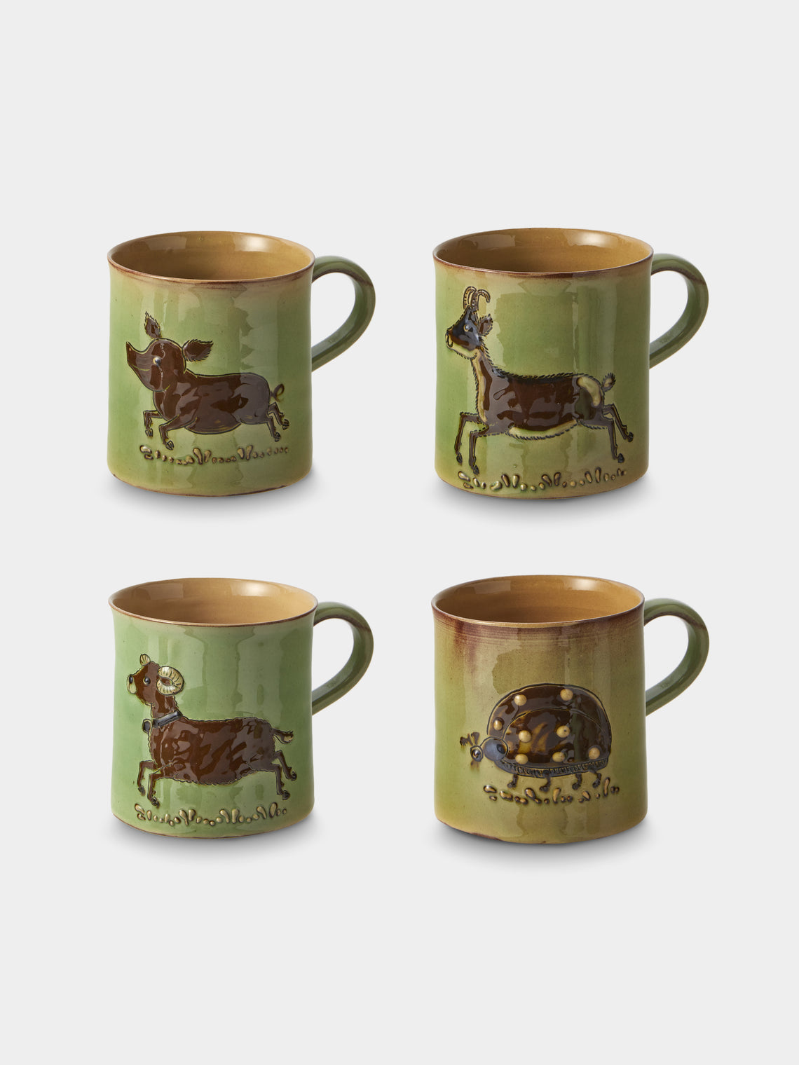 Poterie d’Évires - Animals Hand-Painted Ceramic Mugs (Set of 4) - Green - ABASK - 