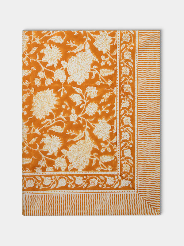 Chamois - Indian Rose Block-Printed Cotton Rectangular Tablecloth (106.5in/2.7m) - Orange - ABASK - 