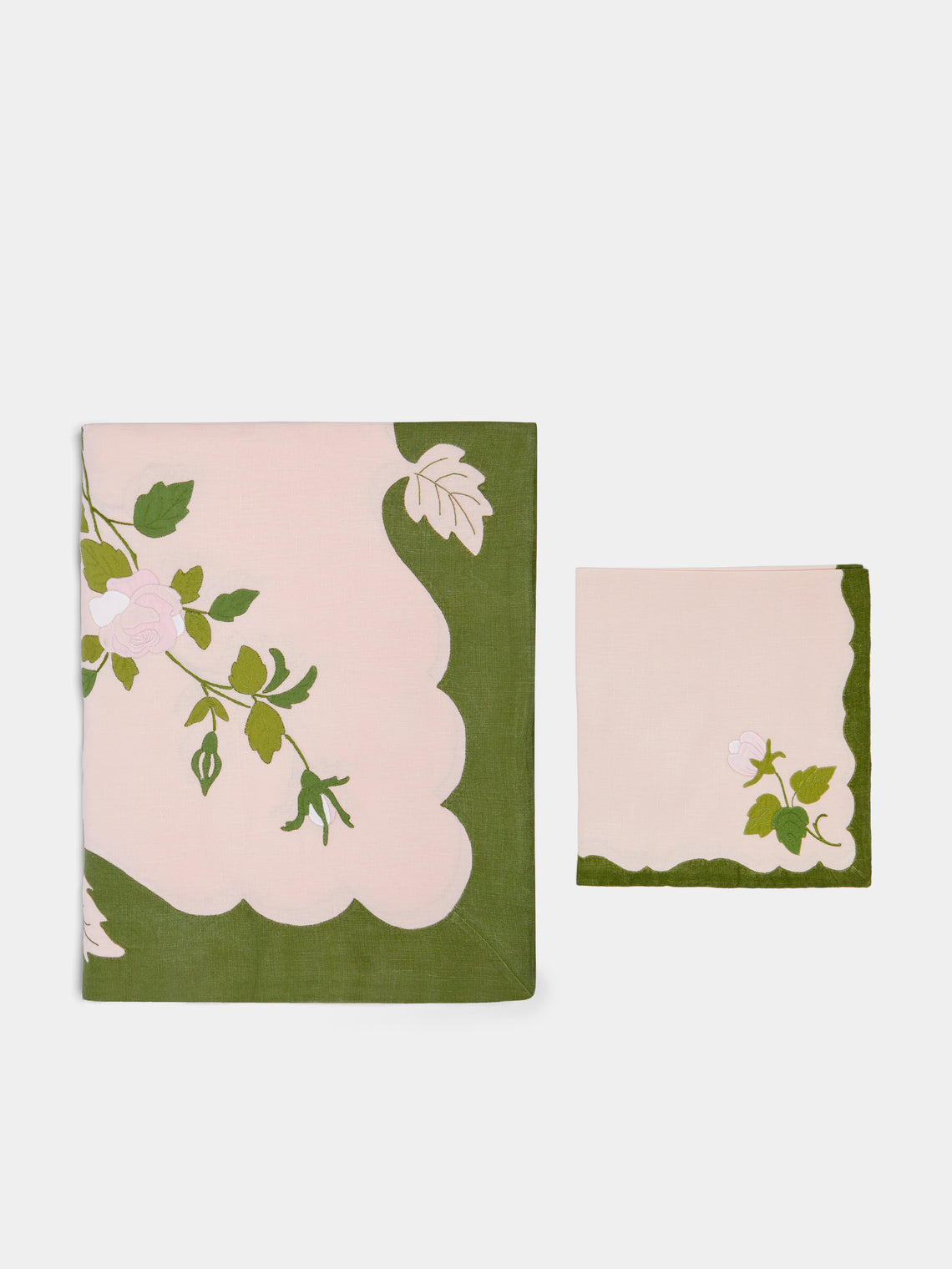 Taf Firenze - Rose Hand-Embroidered Linen Tablecloth and Napkins (Set of 6) - Pink - ABASK - 