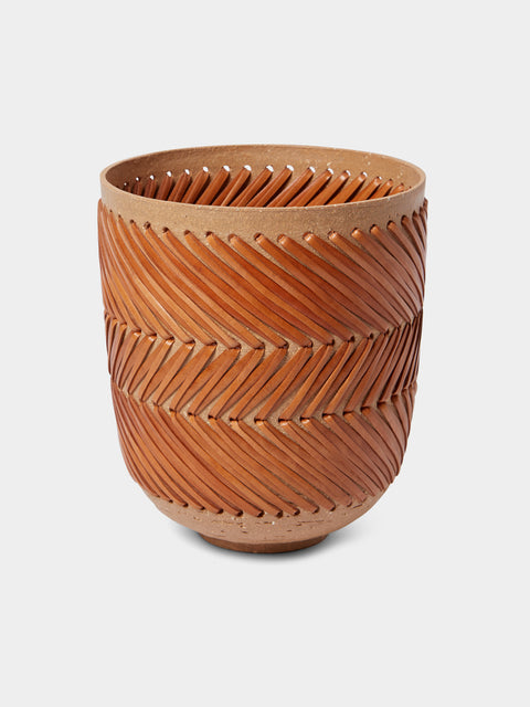 Silver Sentimenti - Gladiator Stoneware and Leather Vase (7.5in/19cm) - Orange - ABASK - 