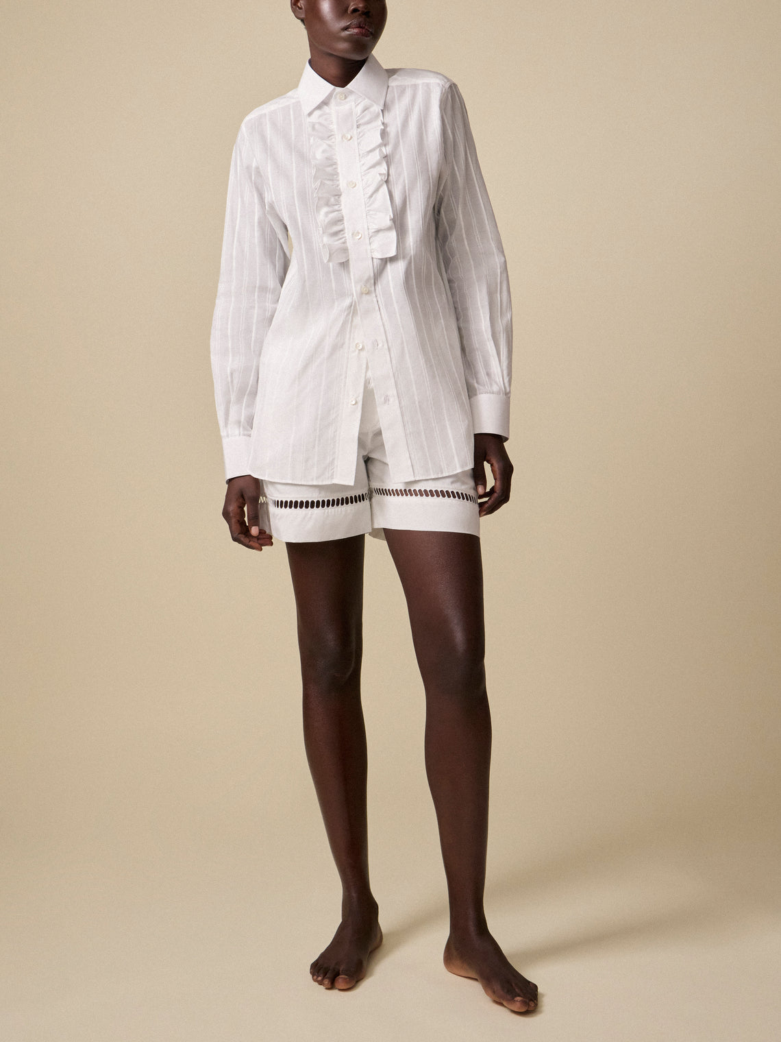 Sebline - Women's Ruffle Cotton Shirt | Size: S - White - ABASK