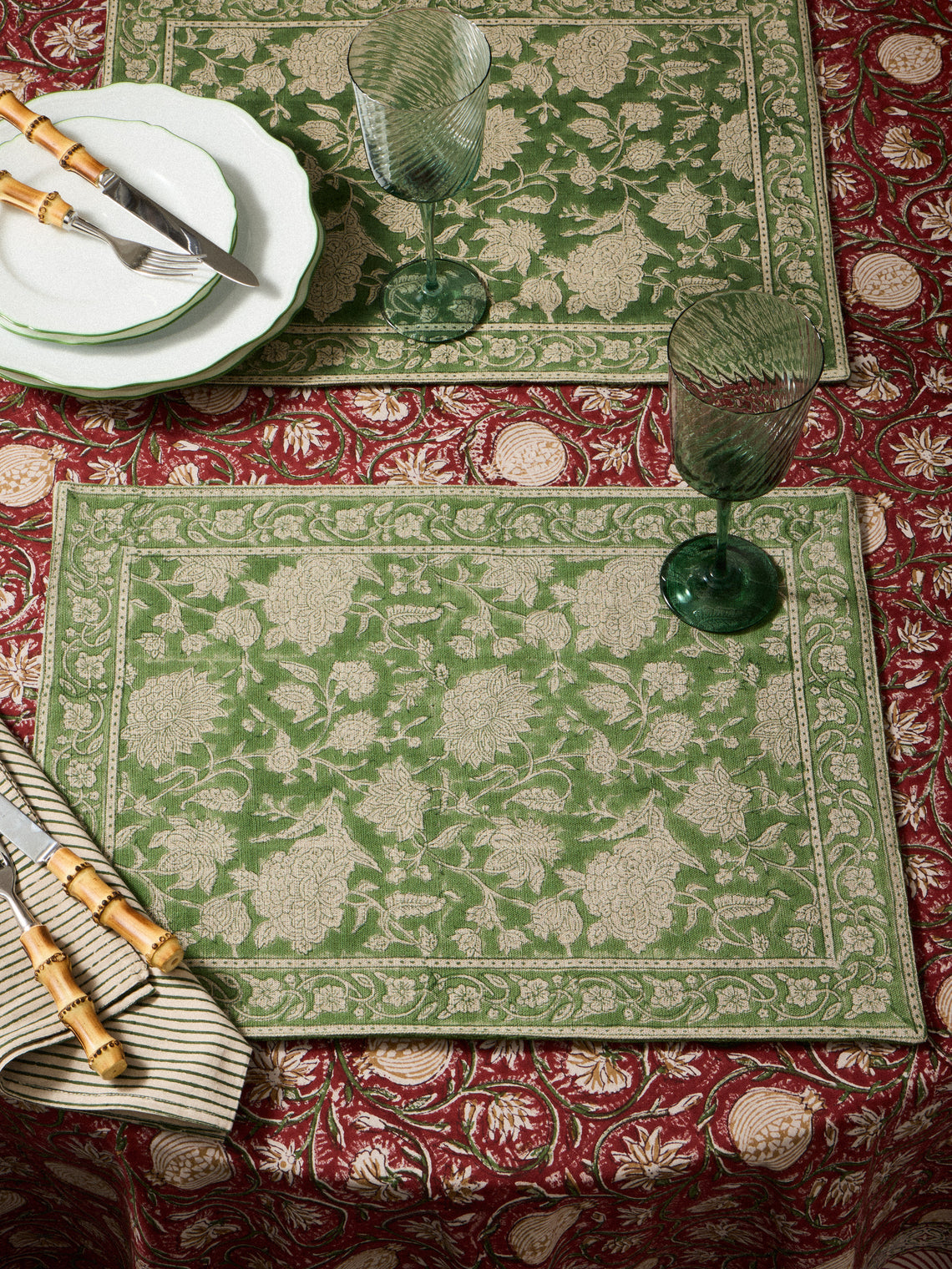 Chamois - | Set of 2 | Indian Rose Block-Printed Linen Placemats - Green - ABASK