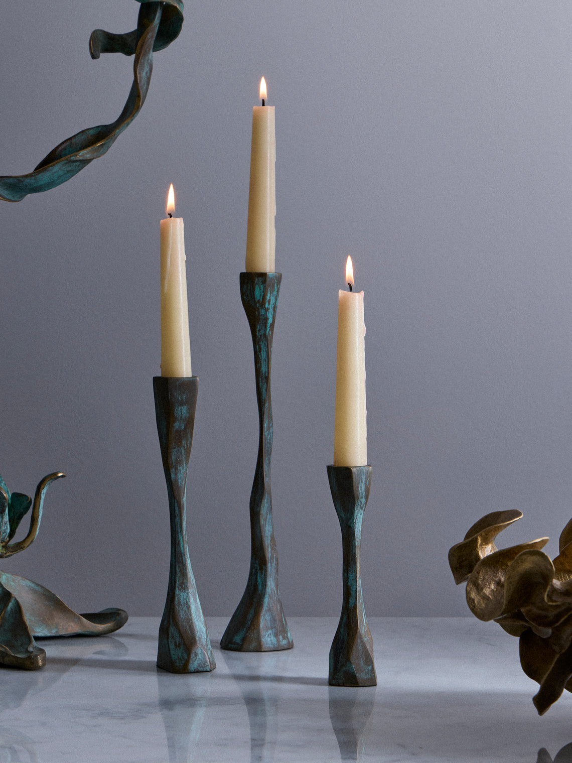 Viya - | Set of 3 | Forged Brass Candle Holders - Bronze - ABASK