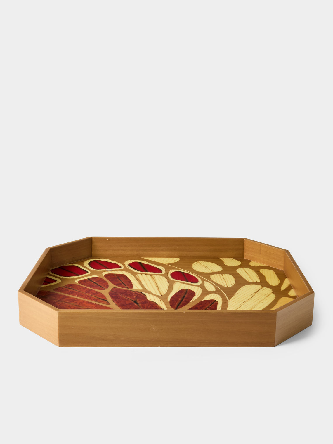 Silvia Furmanovich - Butterflies Marquetry Wood Octagonal Tray (15.5in/40cm) - Red - ABASK