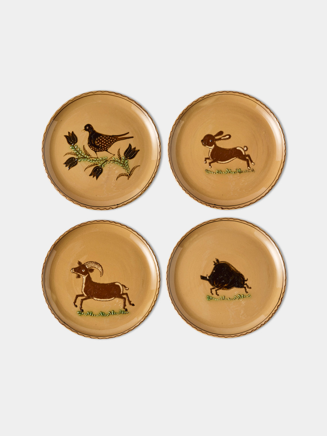 Poterie d’Évires - Animals Hand-Painted Ceramic Dinner Plates – 9.5in/24cm (Set of 4) - Cream - ABASK - 