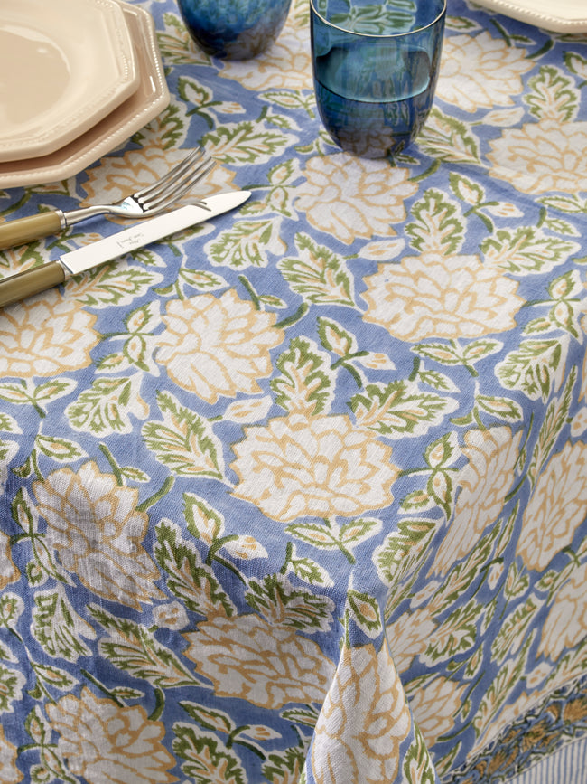Chamois - Dahlia Block-Printed Linen Rectangular Tablecloth (90.5in/2.3m) - Blue - ABASK