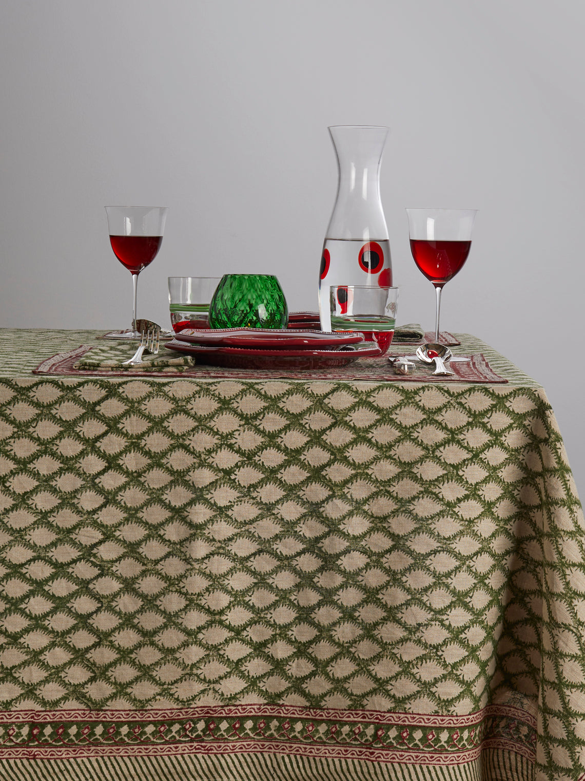Chamois - Cypress Block-Printed Linen Rectangular Tablecloth (138in/3.5m) - Green - ABASK