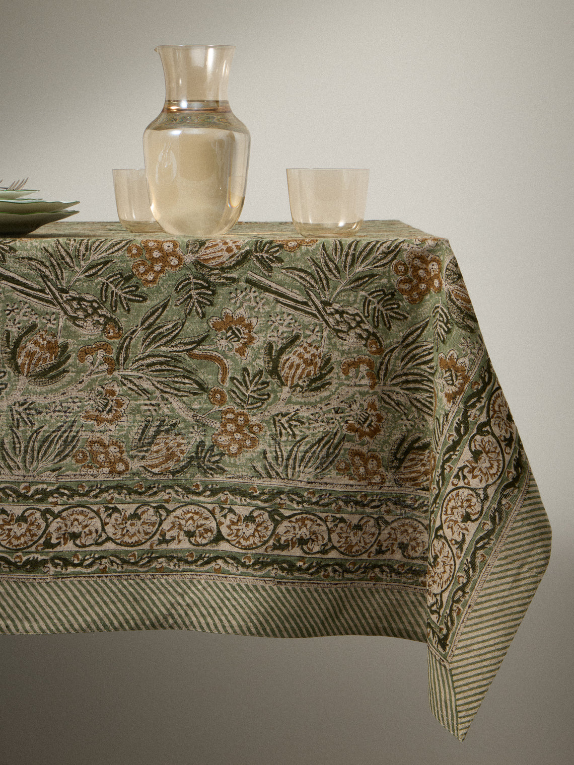Chamois - Parrot Block-Printed Linen Rectangular Tablecloth (106.5in/2.7m) - Multiple - ABASK