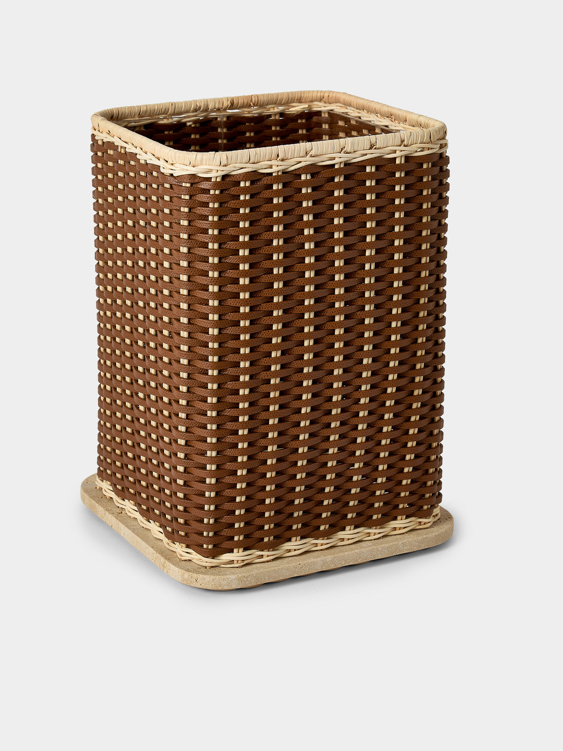 Pigment France - Albi Leather, Rattan and Travertine Wastepaper Basket - Brown - ABASK