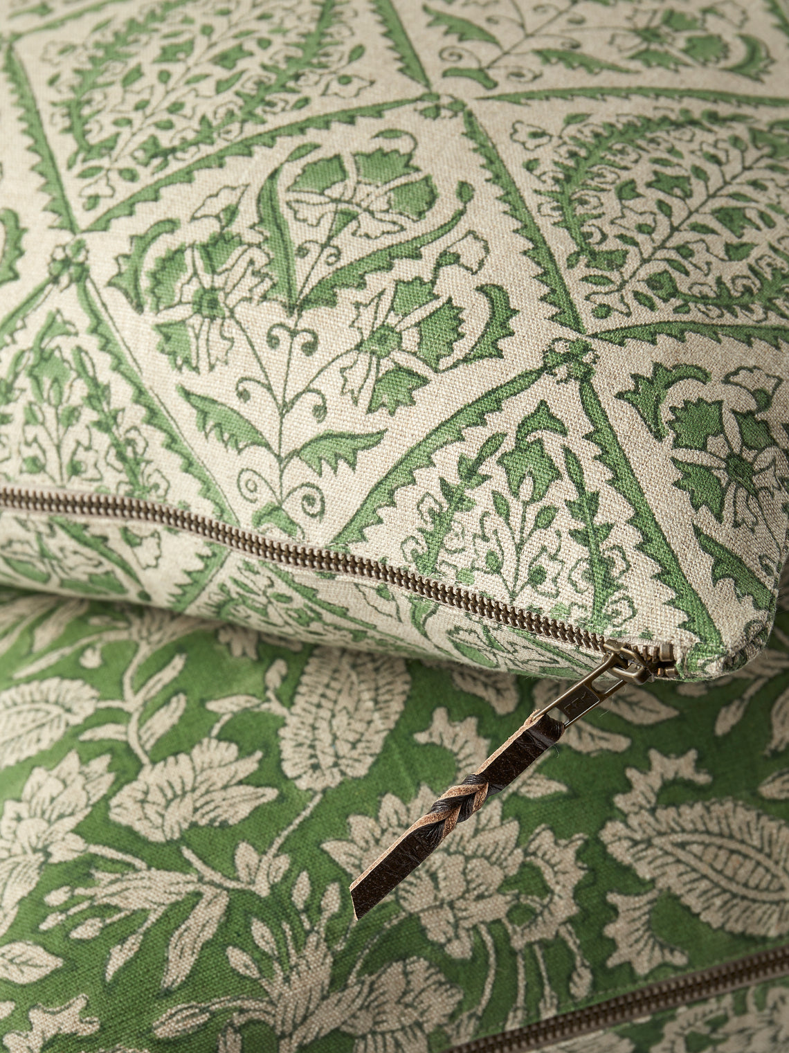 Chamois - Block-Printed Linen Cushions – 19.5in/50cm (Set of 2) - Green - ABASK