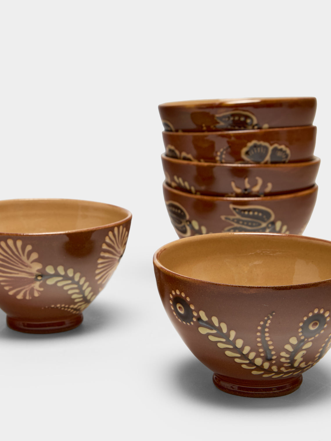 Poterie d’Évires - Flowers Hand-Painted Ceramic Petite Fluted Bowls (Set of 6) - Light brown - ABASK