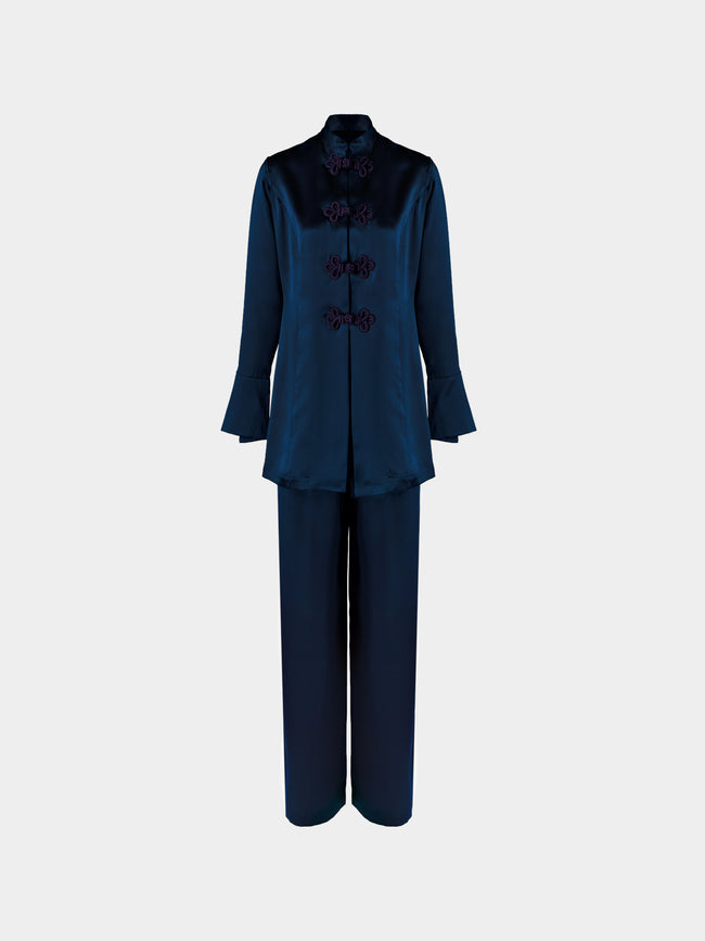 Loretta Caponi - Azalea Silk Pajama Set - Navy - ABASK - 