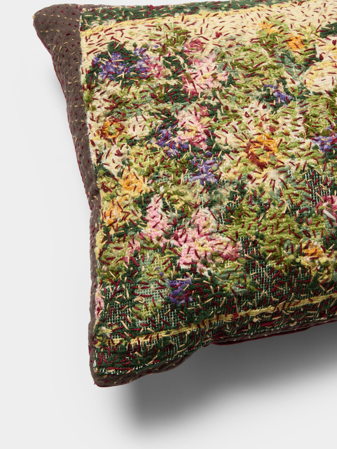 By Walid - 19th-Century Victorian Needlepoint Wool, Linen and Damask Cushion (19.5in/50cm) - Multiple - ABASK