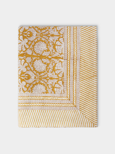 Chamois - Paradise Block-Printed Cotton Rectangular Tablecloth (106.5in/2.7m) - Yellow - ABASK - 