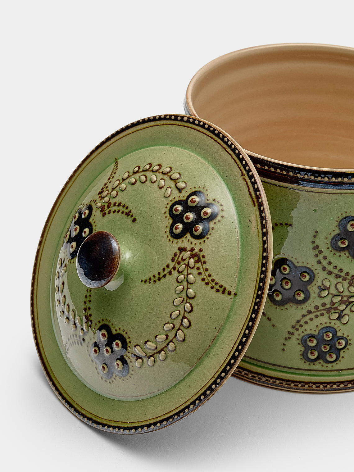 Poterie d’Évires - Flowers Hand-Painted Ceramic Medium Lidded Pot - Green - ABASK