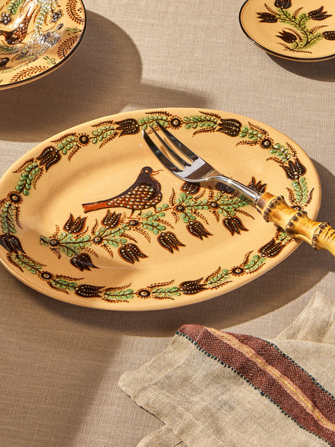 Poterie d’Évires - Birds Hand-Painted Ceramic Oval Platter - Cream - ABASK