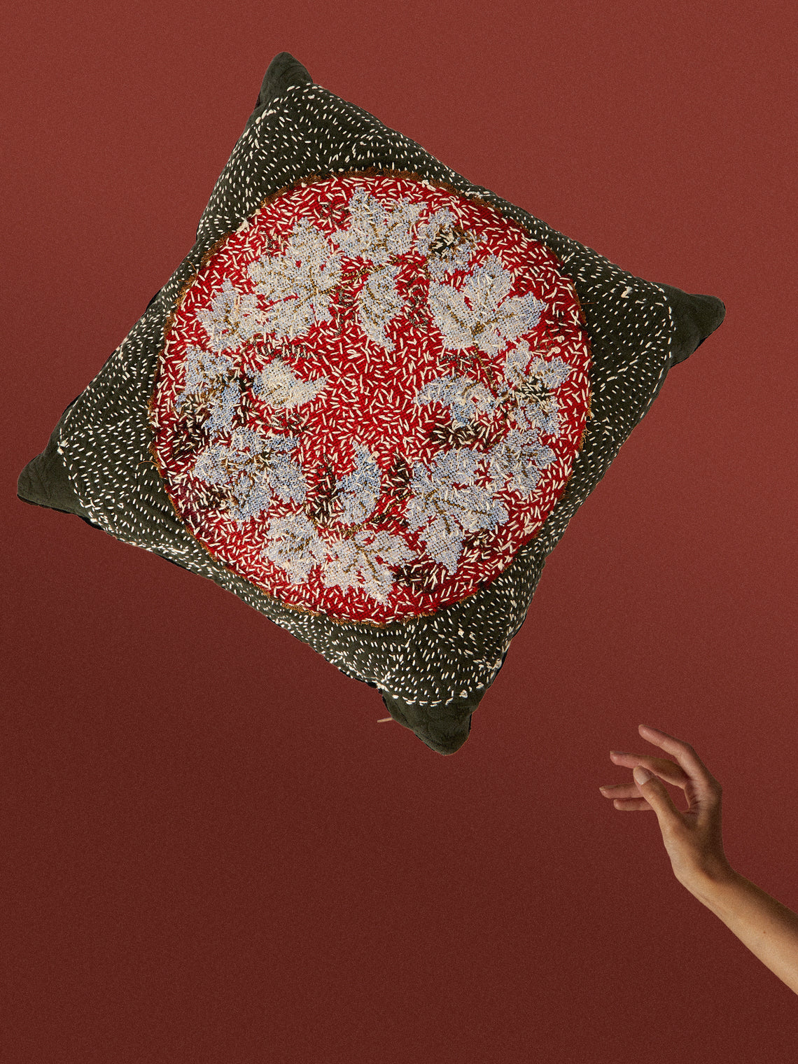 By Walid - 19th-Century Victorian Beaded and Needlepoint Wool and Silk Damask Cushion (15.5in/40cm) - Multiple - ABASK