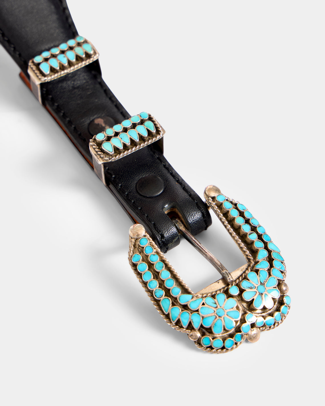 Mahnaz Collection - Women's Vintage 1970 Virgil Dishta Silver and Turquoise Ranger Belt - Black - ABASK