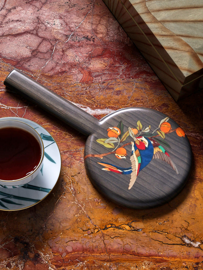 Silvia Furmanovich - Birds and Pomegranate Marquetry Wood Hand Mirror - Brown - ABASK