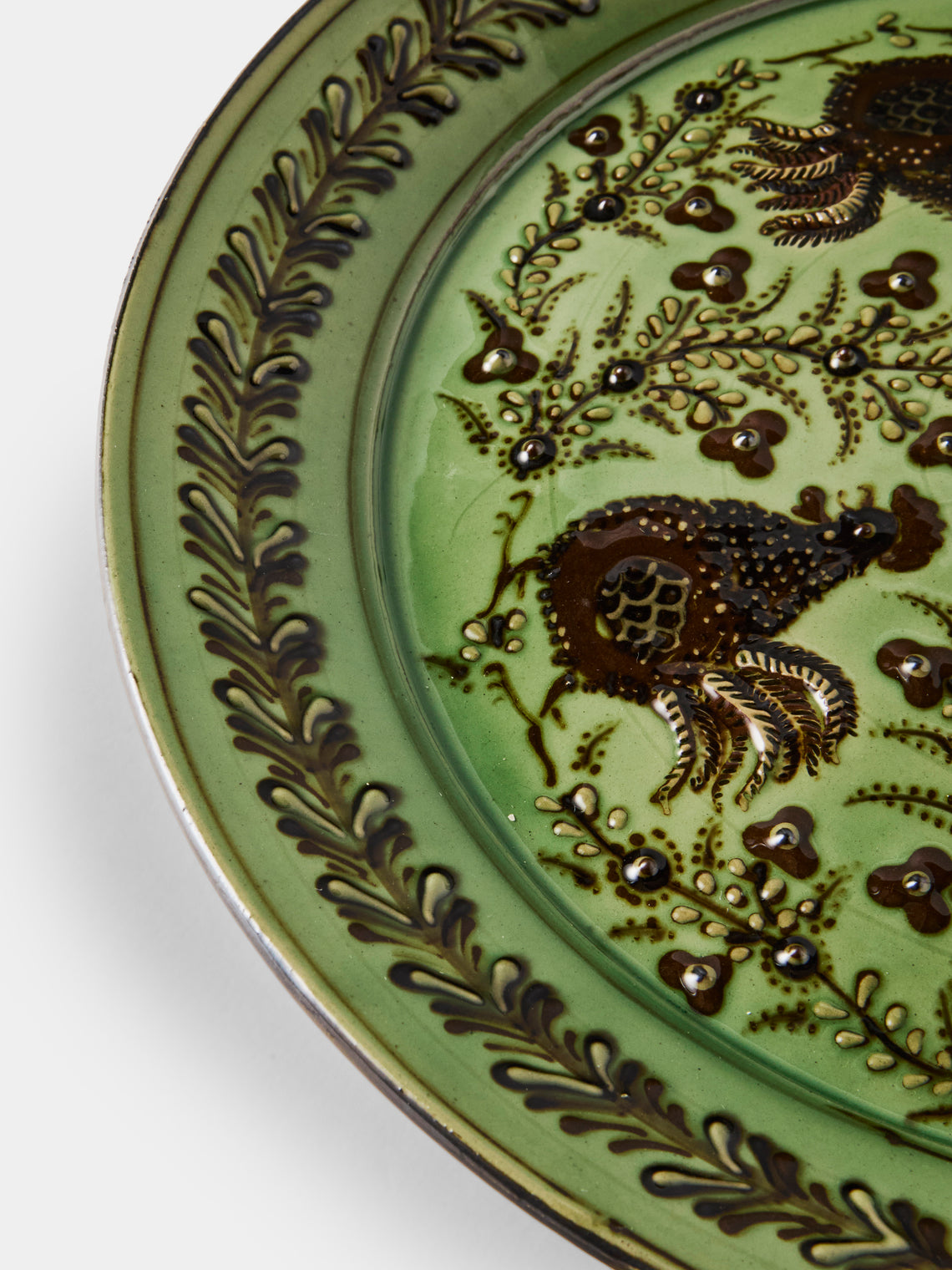 Poterie d’Évires - Chickens Hand-Painted Ceramic Round Platter - Green - ABASK