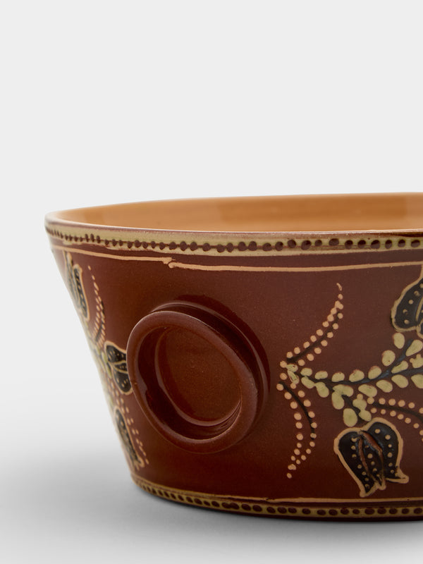 Poterie d’Évires - Flowers Hand-Painted Ceramic Large Handled Serving Bowl - Light brown - ABASK