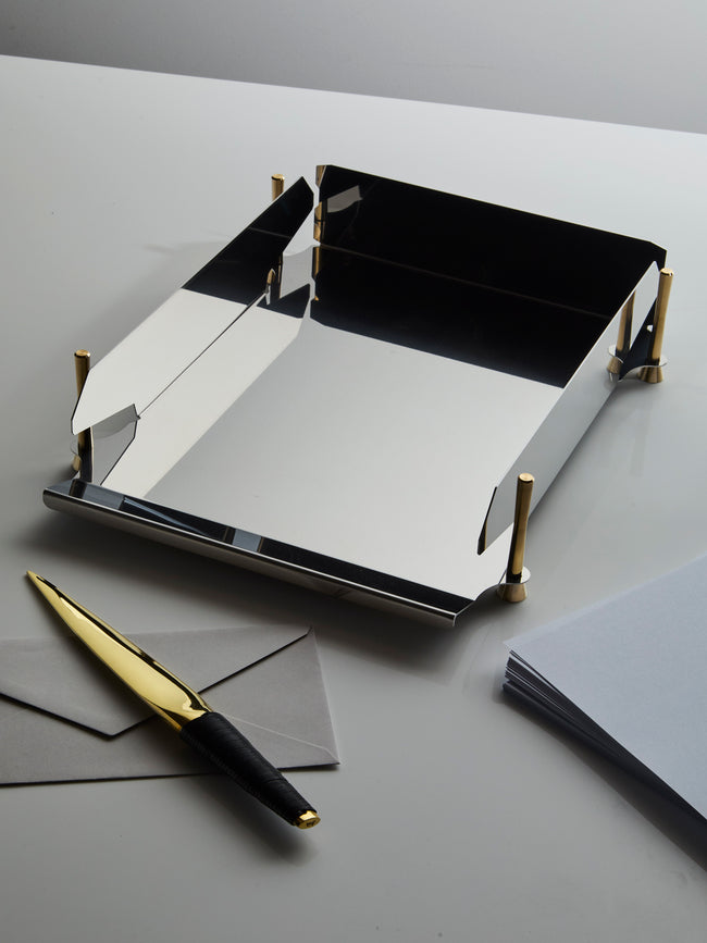 AnObjct - Lyra Stainless Steel and Brass Stackable Paper Tray (14in/36cm) - Silver - ABASK