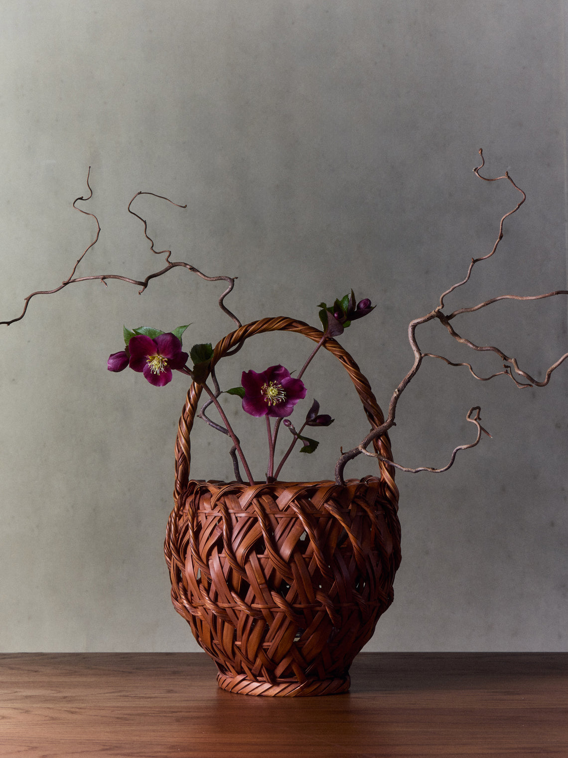 Antique and Vintage - Mid-Century Japanese Bamboo Ikebana Basket - Brown - ABASK