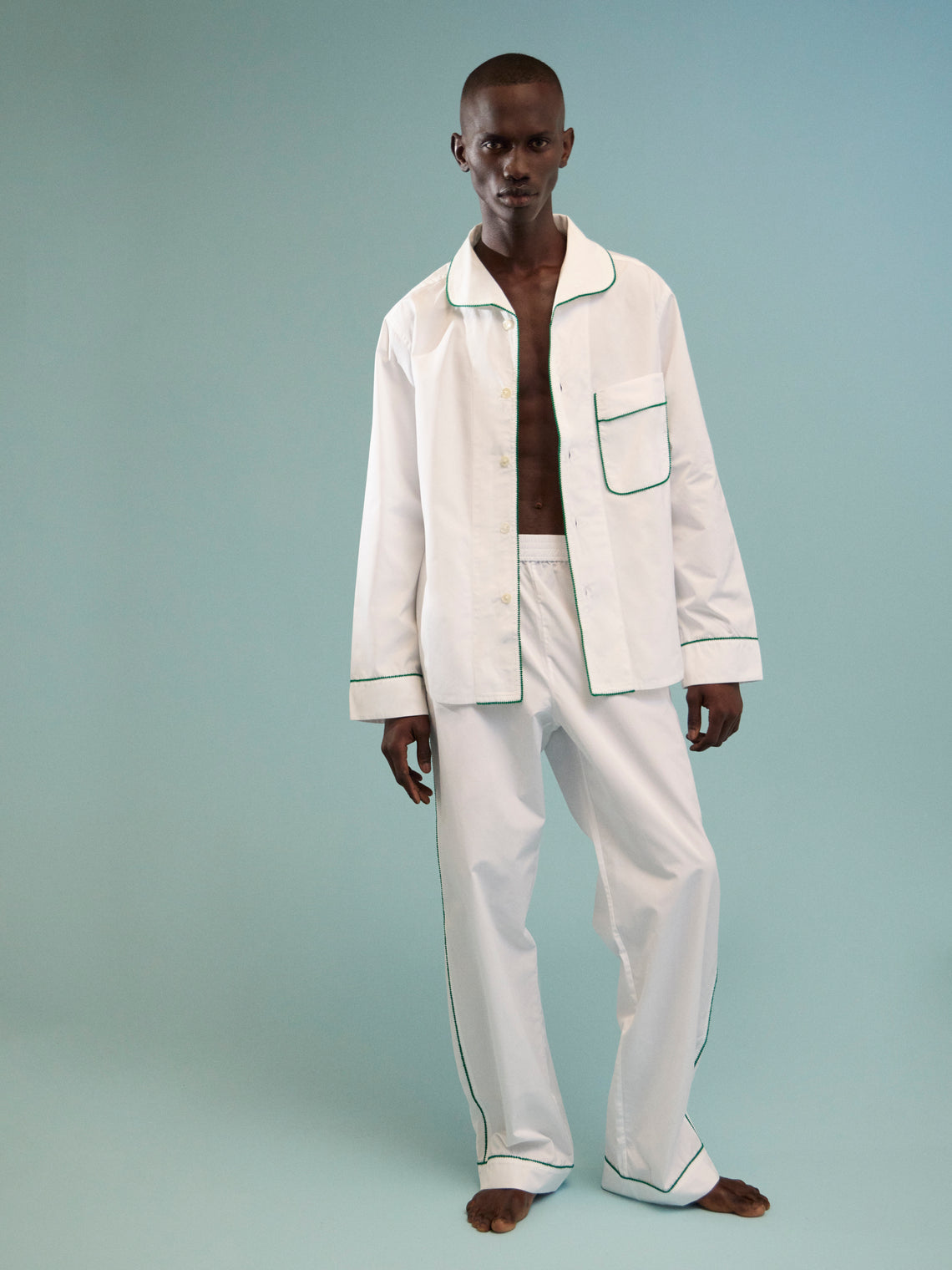 Sebline - Stitch Hand-Embroidered Cotton Pajama Shirt - White - ABASK