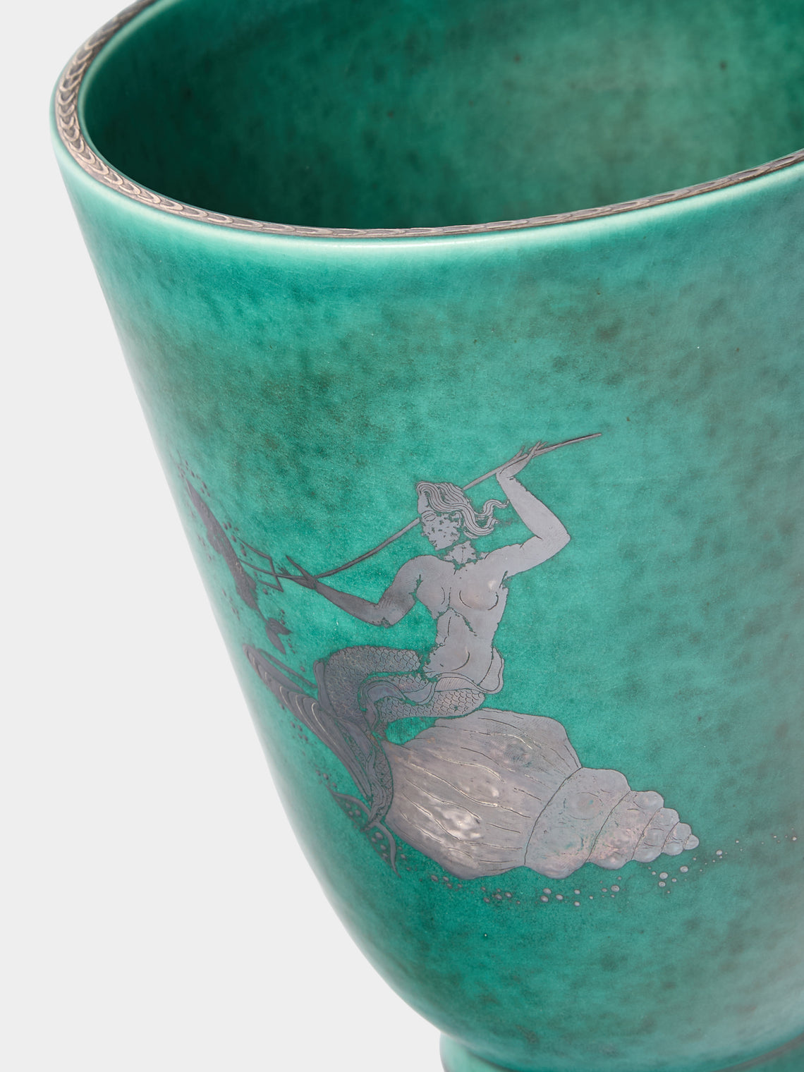 Antique and Vintage - 1940 Mari Simmulson and Wilhelm Kåge Argenta Mermaid No. 2 Stoneware Vase (8in/20.5cm) - Blue - ABASK