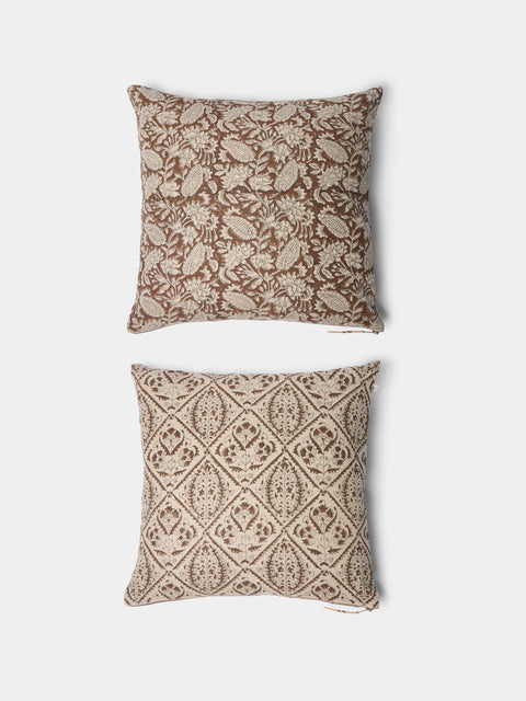 Chamois - Block-Printed Linen Cushions – 19.5in/50cm (Set of 2) - Brown - ABASK - 