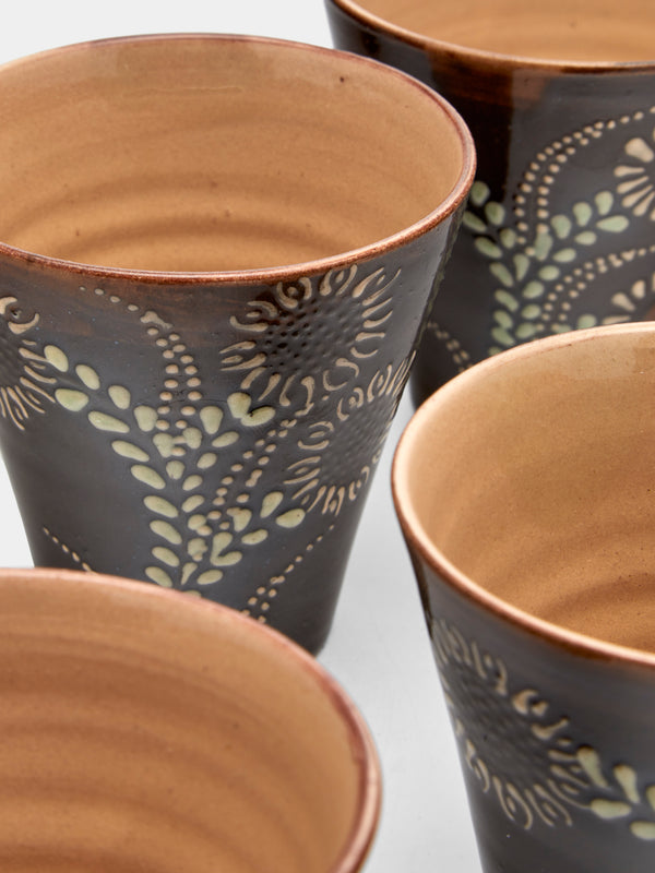 Poterie d’Évires - Flowers Hand-Painted Ceramic Coffee Cups (Set of 6) - Dark brown - ABASK