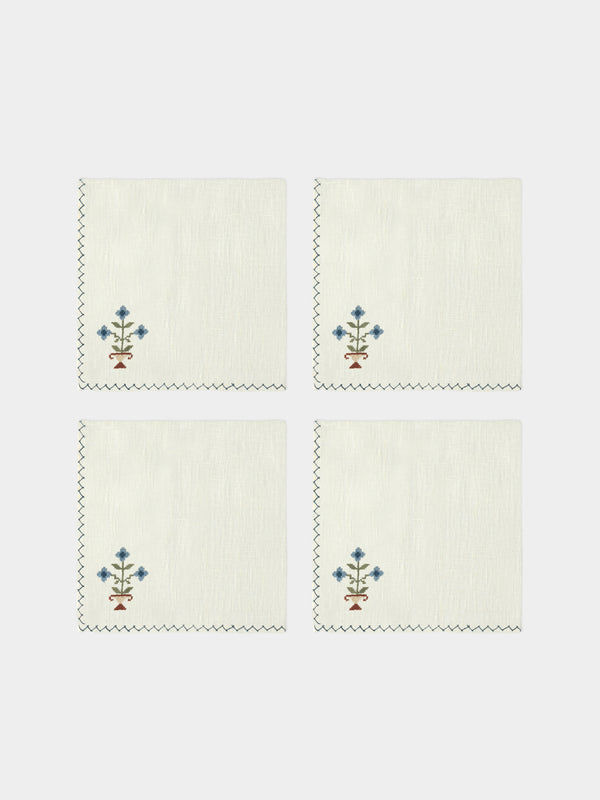 Anut Cairo - Bouquet Hand-Embroidered Linen Napkins (Set of 4) - Cream - ABASK