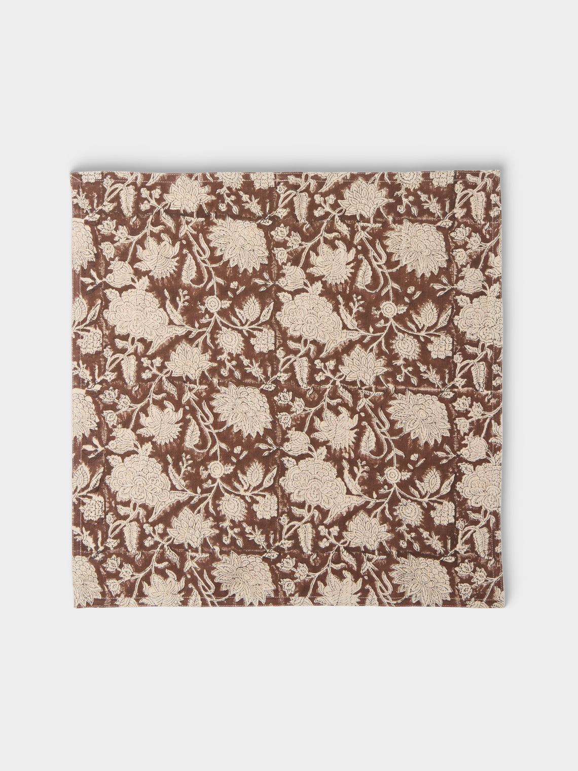Chamois - Indian Rose Block-Printed Linen Napkins (Set of 4) - Brown - ABASK