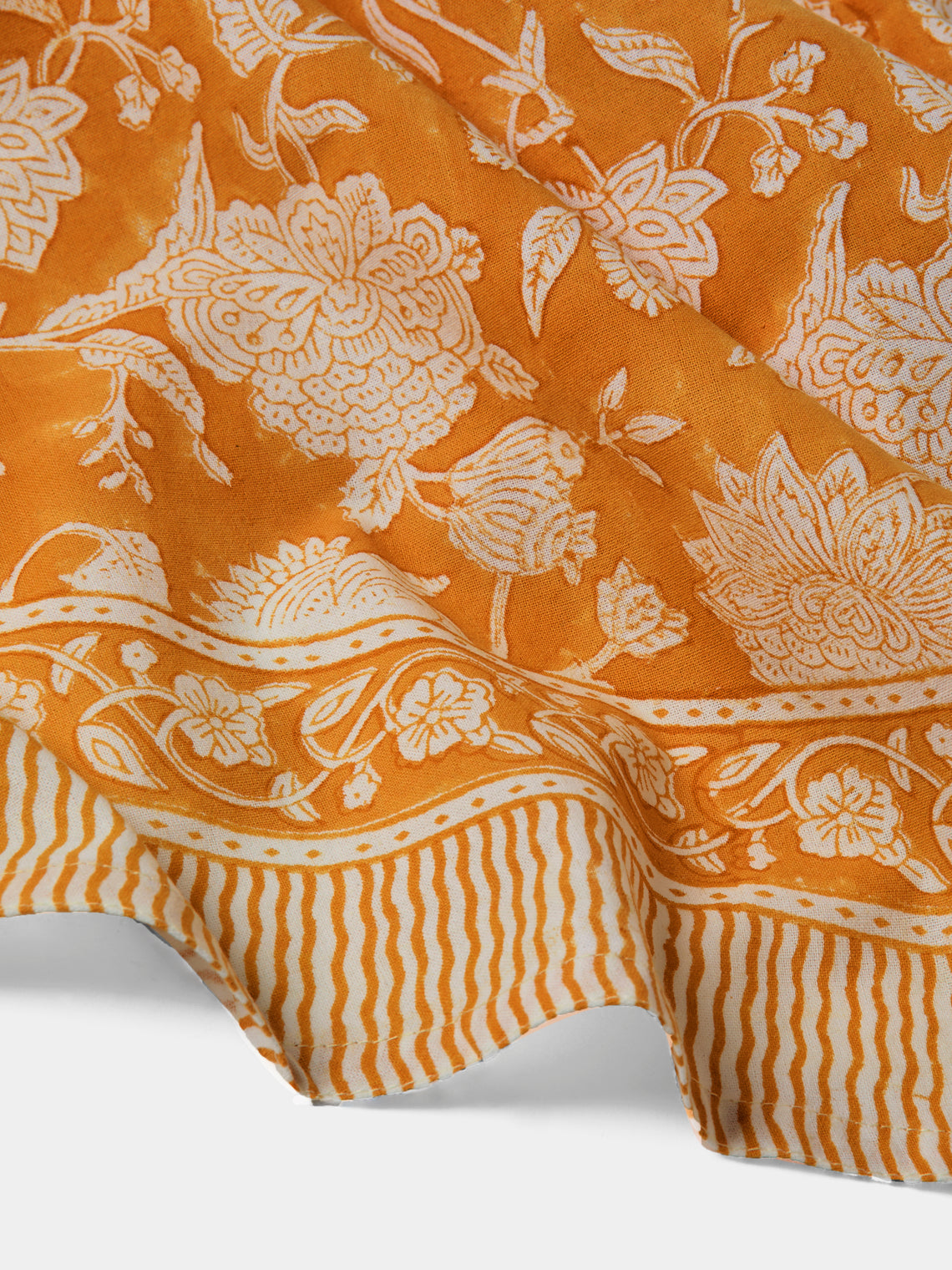 Chamois - Indian Rose Block-Printed Cotton Round Tablecloth - Orange - ABASK