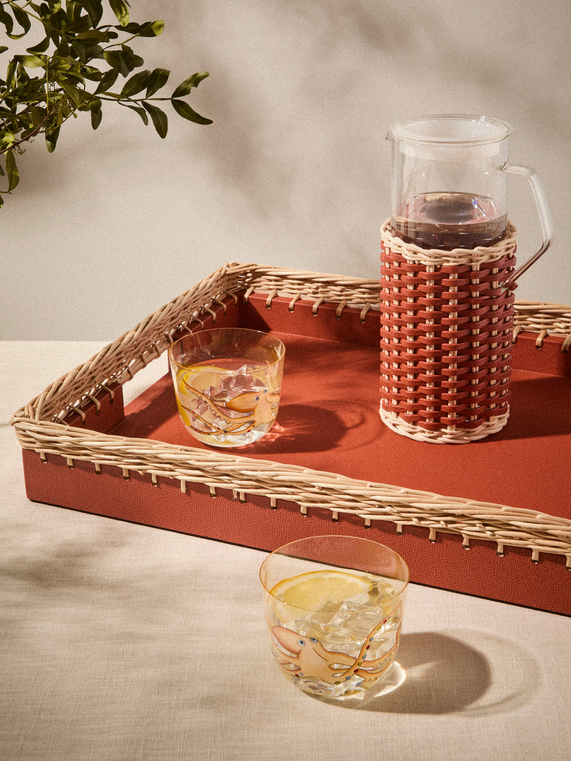 Pigment France - Giverny Leather and Rattan Tray (19in/49cm) - Red - ABASK