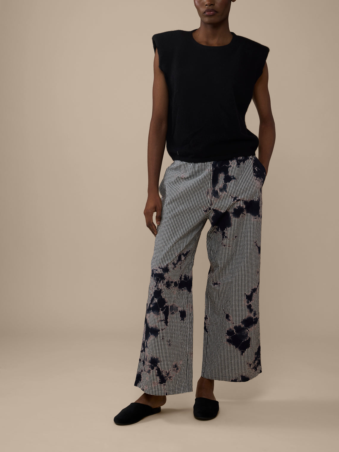 Suzusan - Madara Shibori Cotton Gingham Wide Trousers | Size: S - Black - ABASK