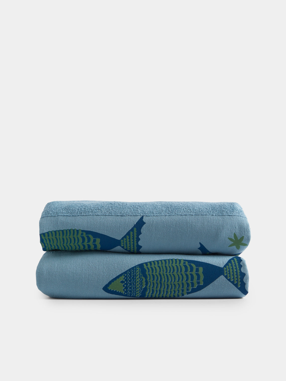 Anut Cairo - Big Fish Hand-Printed Cotton Beach Towels (Set of 2) - Blue - ABASK
