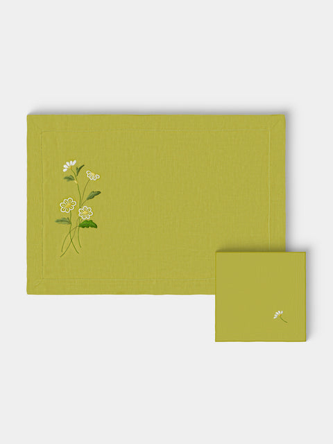 Taf Firenze - | Set of 6 | Daisy Hand-Embroidered Linen Placemats and Napkins - Green - ABASK - 